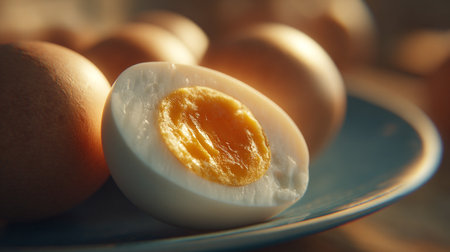 Delicious sliced boiled eggs on a plate, breakfast, cooking ingredientの素材