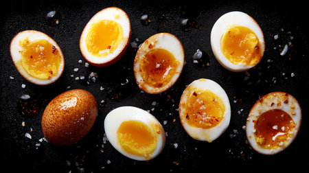 Artistic Overhead Shot of Seasoned Soft Boiled Eggs on Dark Surfaceの素材
