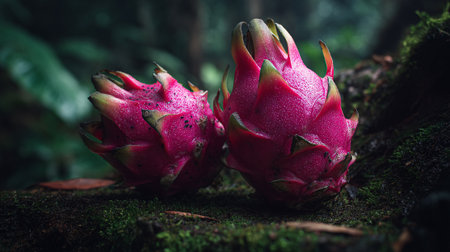 Two Vibrant Dragon Fruits Nestled on a Mossy Log in a Jungleの素材