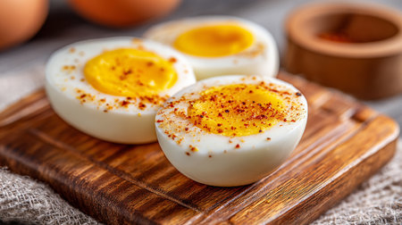 Delicious halved boiled eggs garnished with paprika on wooden board presentationの素材