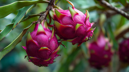 Ripe Dragon Fruit Hanging From Tree, Fresh Tropical Produce Delicious and Organicの素材