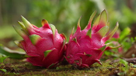 Pair of Vivid Pink Dragon Fruits Resting on a Bed of Mossの素材