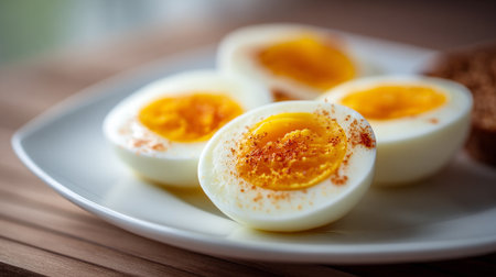 Four Hard Boiled Eggs on a Plate Sprinkled with Paprika Powderの素材