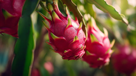 Exotic dragon fruits growing on the tree under the warm tropical sunの素材
