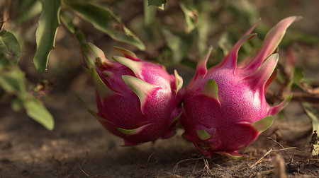 Two vibrant pink dragon fruits nestled amidst foliage on the groundの素材