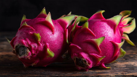 Vibrant pair of dragon fruit on a dark wooden surface, still lifeの素材