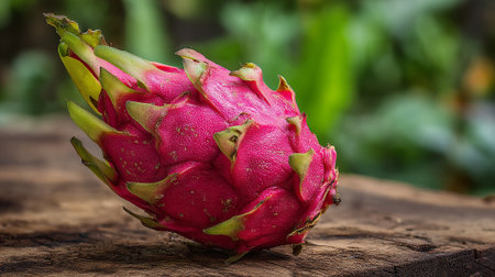 Vivid Dragon Fruit Displayed on Rustic Wooden Surface with Natural Backgroundの素材