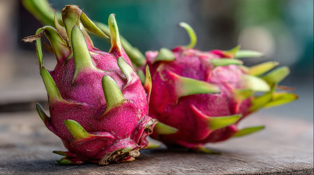 Vivid Dragon Fruit Still Life Displayed on Rustic Wooden Surfaceの素材