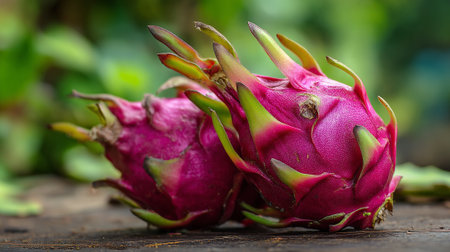 Exotic Dragon Fruit Duo Displayed on Rustic Wooden Surface in Natural Lightの素材