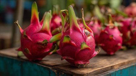 Exotic Dragon Fruits Displayed on Rustic Wooden Table Surfaceの素材