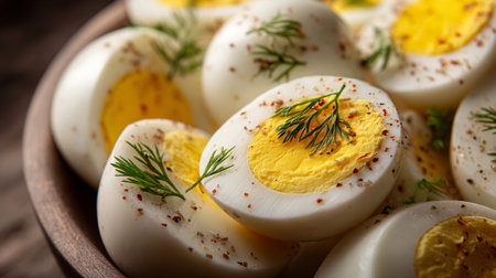 Delightful halved boiled eggs garnished with fresh dill and spices on wood.の素材