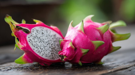 Vibrant Pink Dragon Fruit Cut Open on a Dark Wooden Surfaceの素材
