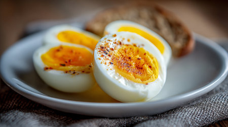 Delicious Hard Boiled Eggs Garnished with Spice, Presented on a White Plateの素材