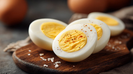 Delicious hard boiled eggs sliced on a rustic wooden cutting boardの素材