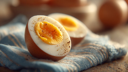 Perfectly Cooked Egg Halves Showcasing Golden Yolks and Seasoning on Linenの素材