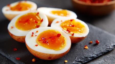 Delicious Spicy Soft Boiled Eggs on a Rustic Slate Serving Boardの素材