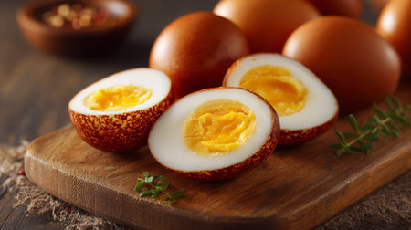 Rustic Hard Boiled Eggs on Wooden Board, Delicious Healthy Breakfast Foodの素材