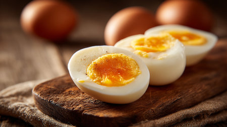 Perfectly Prepared Eggs: A Wholesome Food on a Natural Wood Surfaceの素材