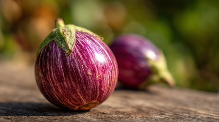 Fresh Graffiti Eggplants on Wooden Surface in a Natural Gardenの素材