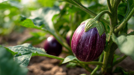 Striking eggplants with vibrant purple hue flourishing in a lush green gardenの素材