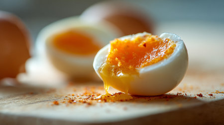 Soft Boiled Egg Cut in Half on a Cutting Board Revealing Yolkの素材