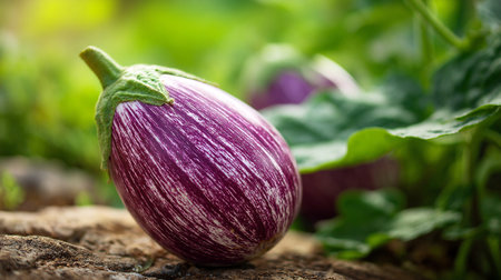 Striped Eggplant on Rustic Wood, Fresh Vegetable Harvest in the Gardenの素材