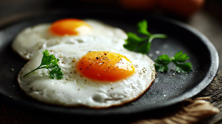 Sunny-Side Up Delight: Fried Eggs with Fresh Parsley on Black Plateの素材