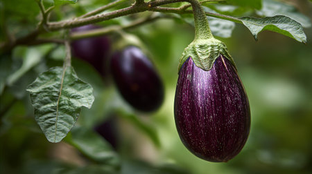 Fresh Eggplant Harvest: A Vibrant Vegetable Growing on the Branchの素材