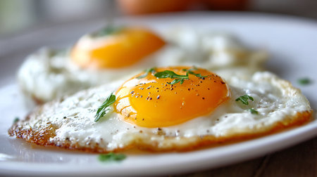 Two Fried Eggs Topped with Fresh Parsley on White Plateの素材