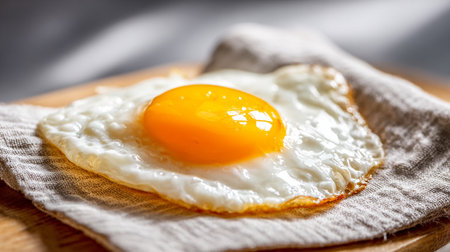 Delicious Fried Egg with Yolk on a Linen Napkin Ready to Eatの素材
