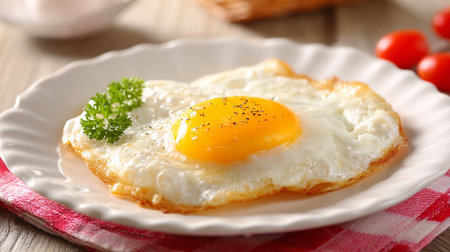 Sunny-Side Up Egg with Parsley on White Plate and Red Napkinの素材
