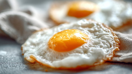 Appetizing fried eggs with golden yolks served on a linen clothの素材