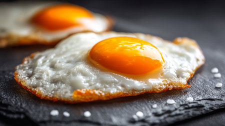 Sunny Side Up Eggs with Salt on a Black Slate Boardの素材