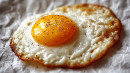Single fried egg with bright yolk, seasoned, presented on white paperの素材