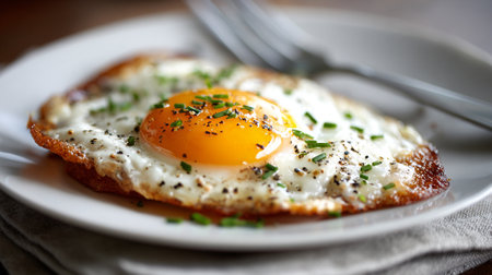 Delicious Fried Egg on White Plate with Chives and a Forkの素材
