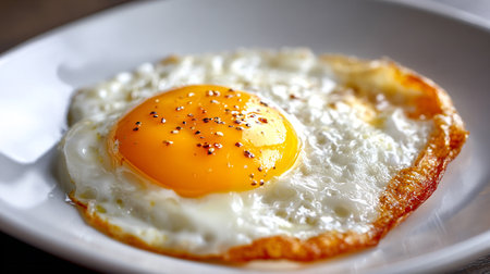 Perfectly Fried Egg on White Plate, Simple Breakfast Still Lifeの素材