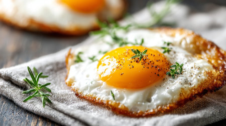 Fried eggs on a linen cloth, delicious, fresh, and ready to eat.の素材