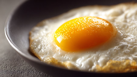 Exquisite fried egg with vibrant yolk in a gray ceramic dish.の素材