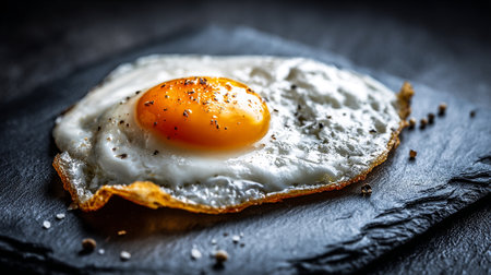 Sunny Side Up Perfection: A Delicious Egg on Dark Slate Backgroundの素材