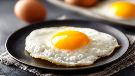 Sunny Side Up: A Fresh Egg on a Dark Plate Compositionの素材