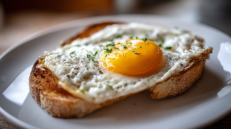 Fried Egg Topped Toast Garnished with Herbs on a White Plateの素材