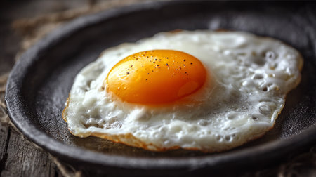 Sunnyside Up Delight: A Single Fried Egg on Rustic Plateの素材