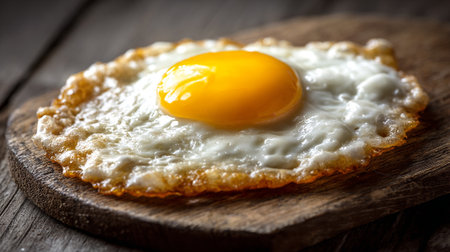 Perfect Fried Egg with Bright Yellow Yolk on Wooden Cutting Boardの素材