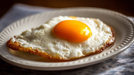 Golden Fried Egg on a White Plate with Tableclothの素材