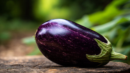 Fresh organic eggplant on a wooden surface with garden backdropの素材