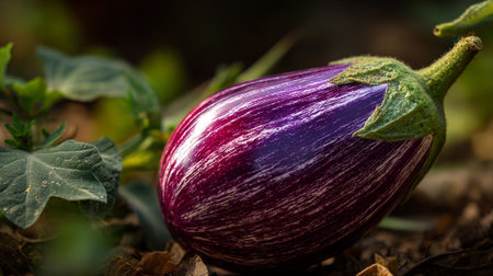 Striking Purple Eggplant Resting Among Leaves in a Natural Garden Settingの素材