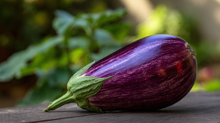 Elegant Striped Eggplant on Rustic Wooden Surface with Natural Green Backdropの素材