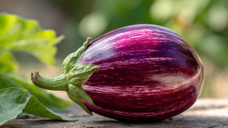 Striking Graffiti Eggplant with Green Stem and Leaves Against Defocused Backgroundの素材