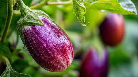 Fresh striped eggplant growing in the garden, ready for harvest in summerの素材