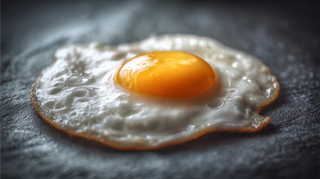 Single fried egg with vibrant yolk on dark textured surfaceの素材